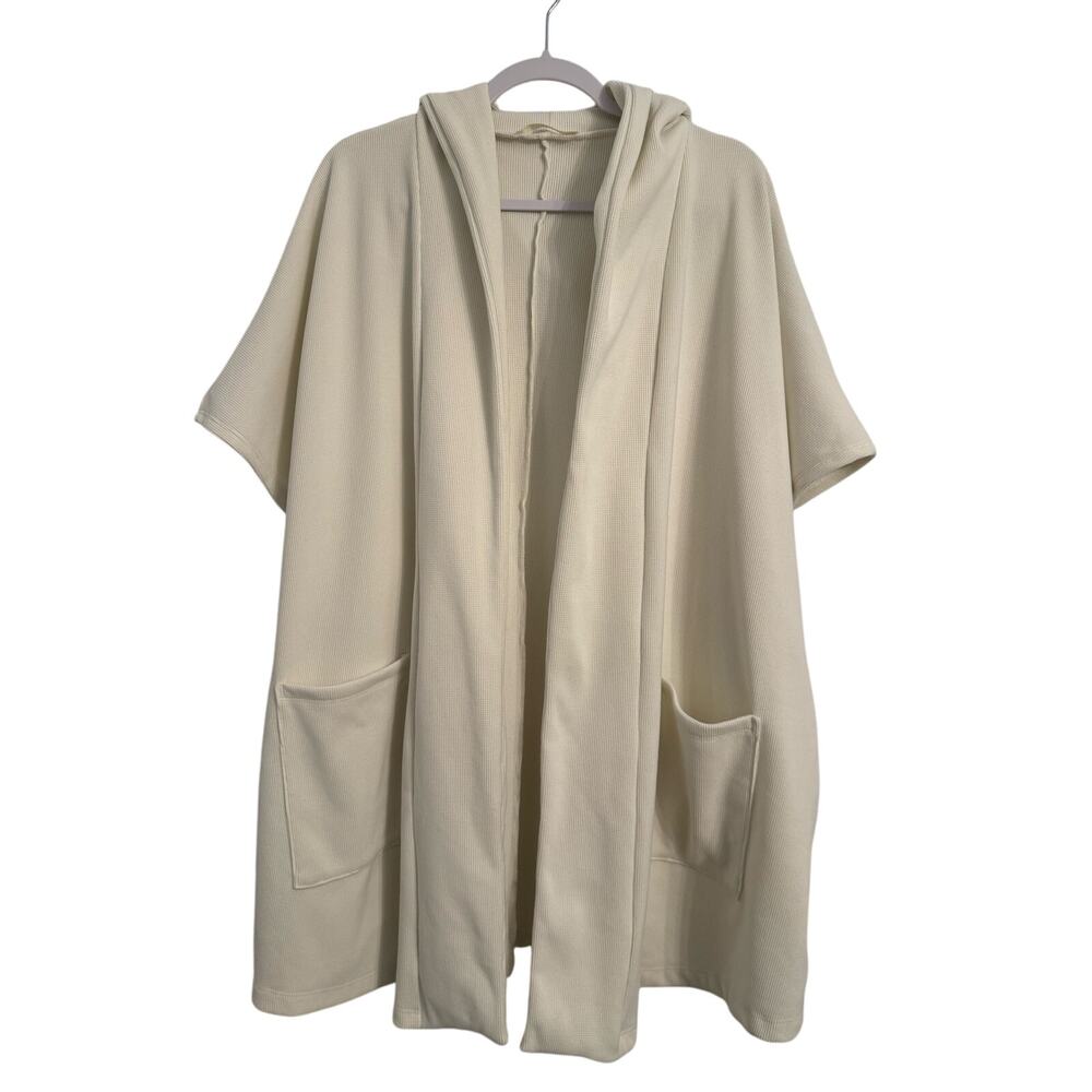 Womens Size Large Lagenlook Oversized Waffle Knit Cream Longline Hoodie Cardigan